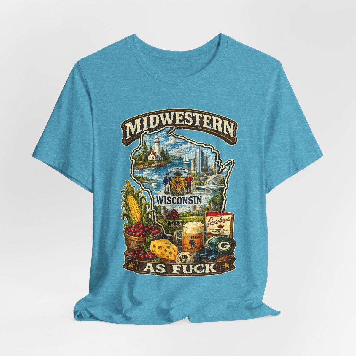 Heather Aqua Wisconsin Midwestern As Fuck tee draped loosely on a white surface