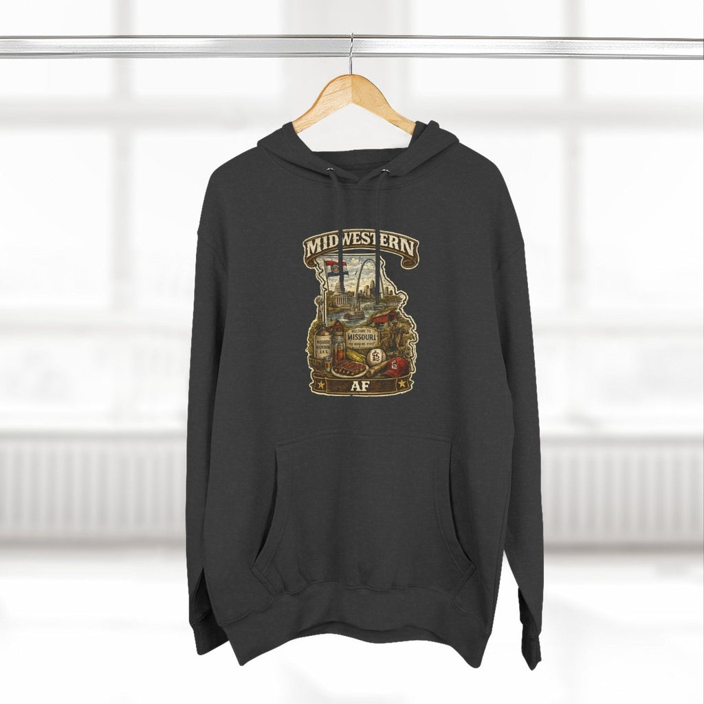 Charcoal Heather Missouri Midwestern AF hoodie on a wooden hanger by a window