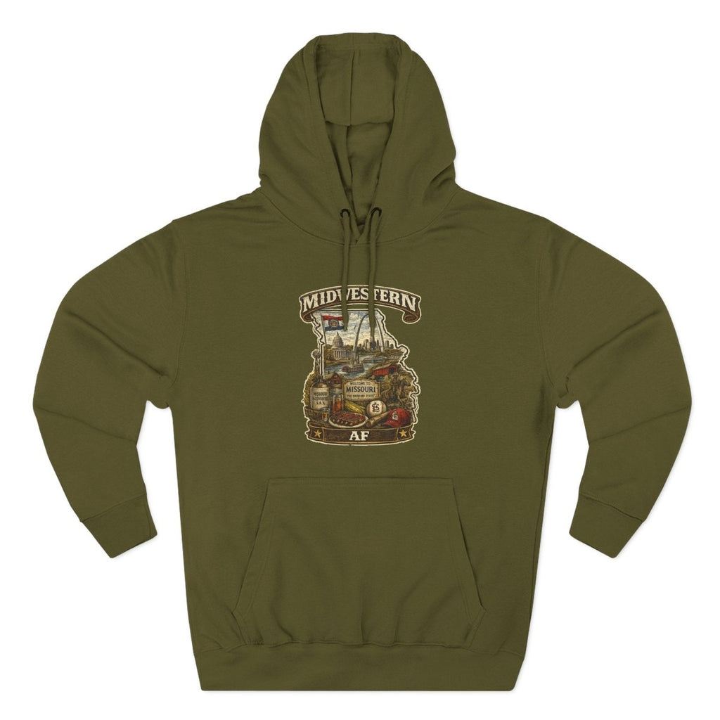Army Green Missouri Midwestern AF hoodie laid flat, Missouri front graphic showing