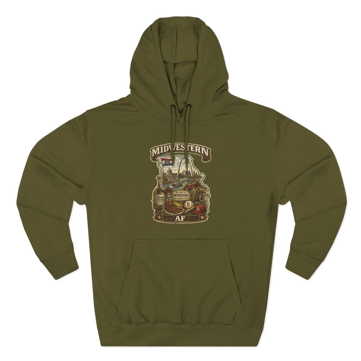Army Green Missouri Midwestern AF hoodie laid flat, Missouri front graphic showing