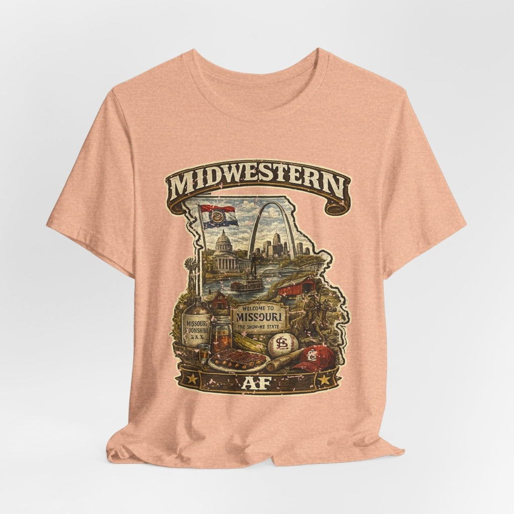 Heather Peach Missouri Midwestern AF tee draped and rumpled, front print showing