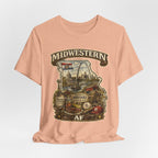 Heather Peach Missouri Midwestern AF tee draped and rumpled, front print showing