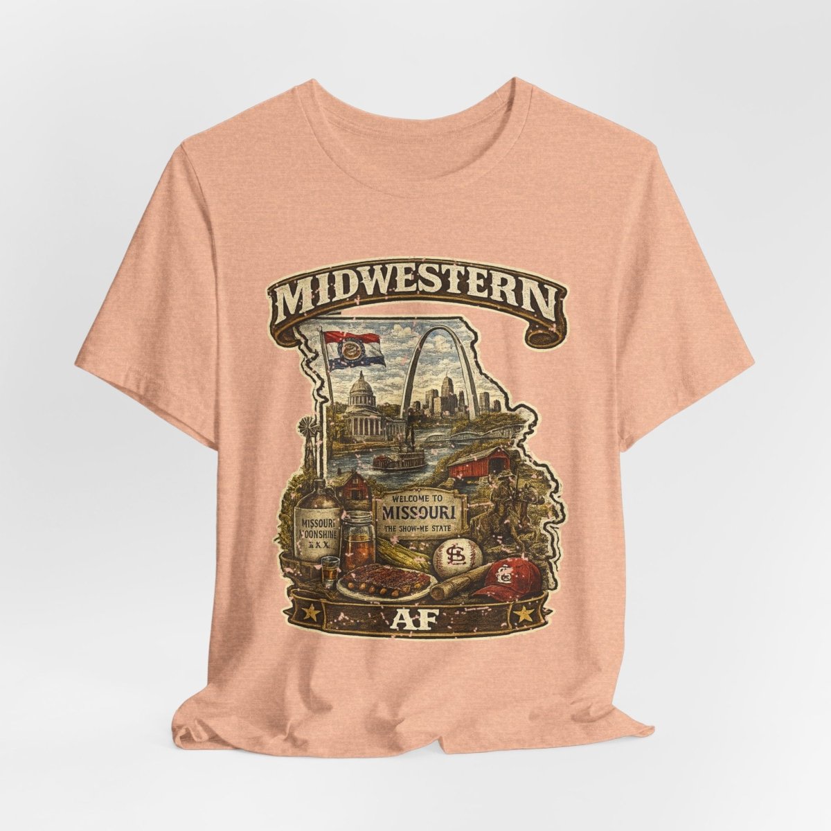 Heather Peach Missouri Midwestern AF tee draped and rumpled, front print showing