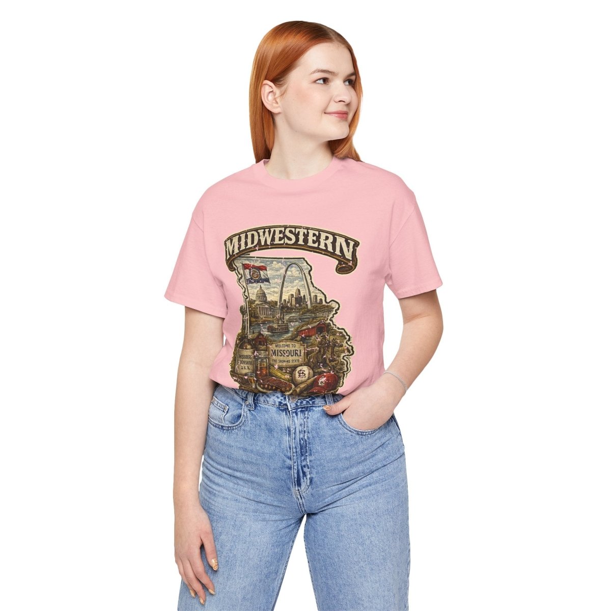 Red-haired woman in the Pink Missouri Midwestern AF tee, hands in her pockets