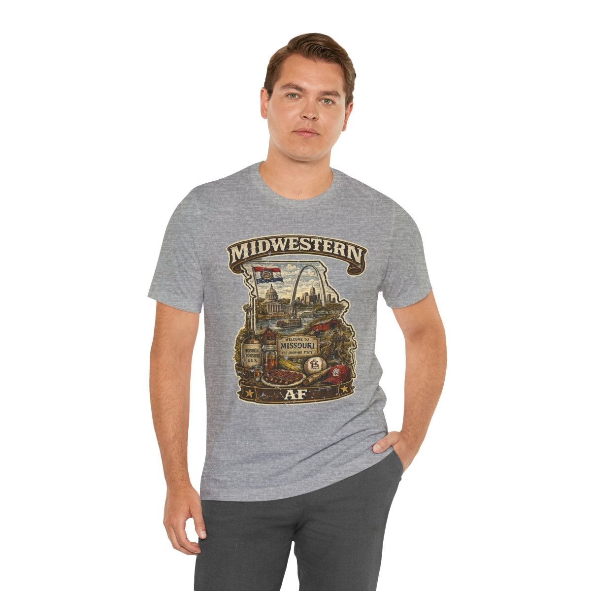 Man in the Athletic Heather Missouri Midwestern AF tee, front graphic showing