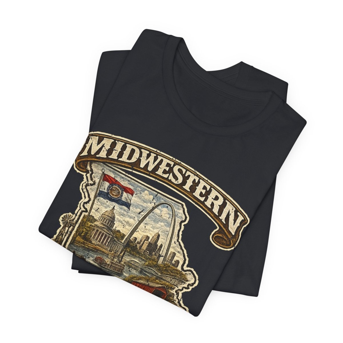Black Missouri Midwestern AF tee folded in a stack, front graphic on top