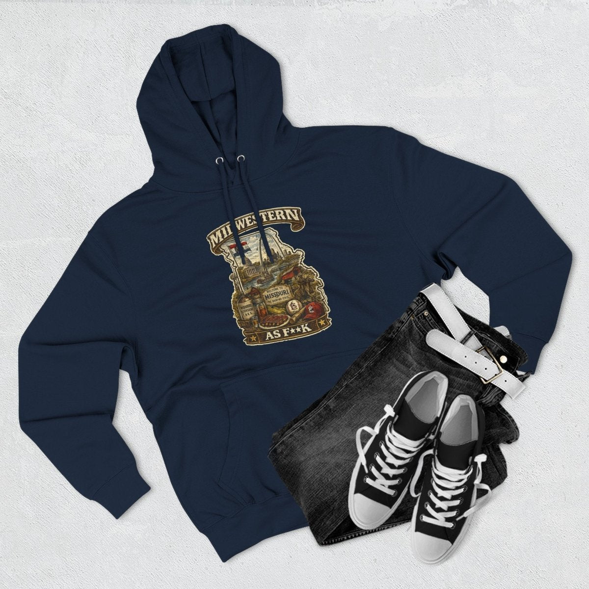 Navy Missouri Midwestern As F**K hoodie styled flat with black and white sneakers