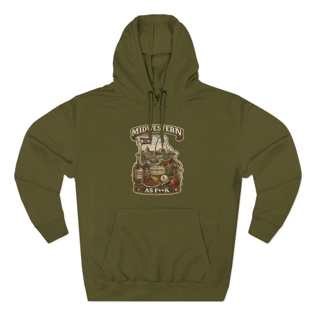 Army Green Missouri Midwestern As F**K hoodie laid flat with the Missouri print