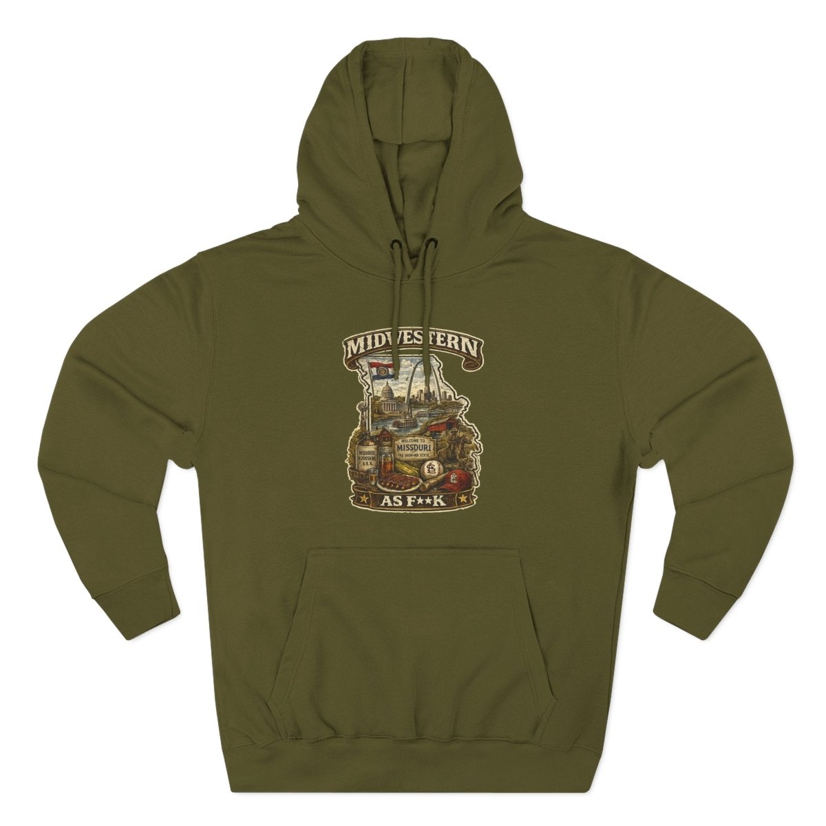 Army Green Missouri Midwestern As F**K hoodie laid flat with the Missouri print