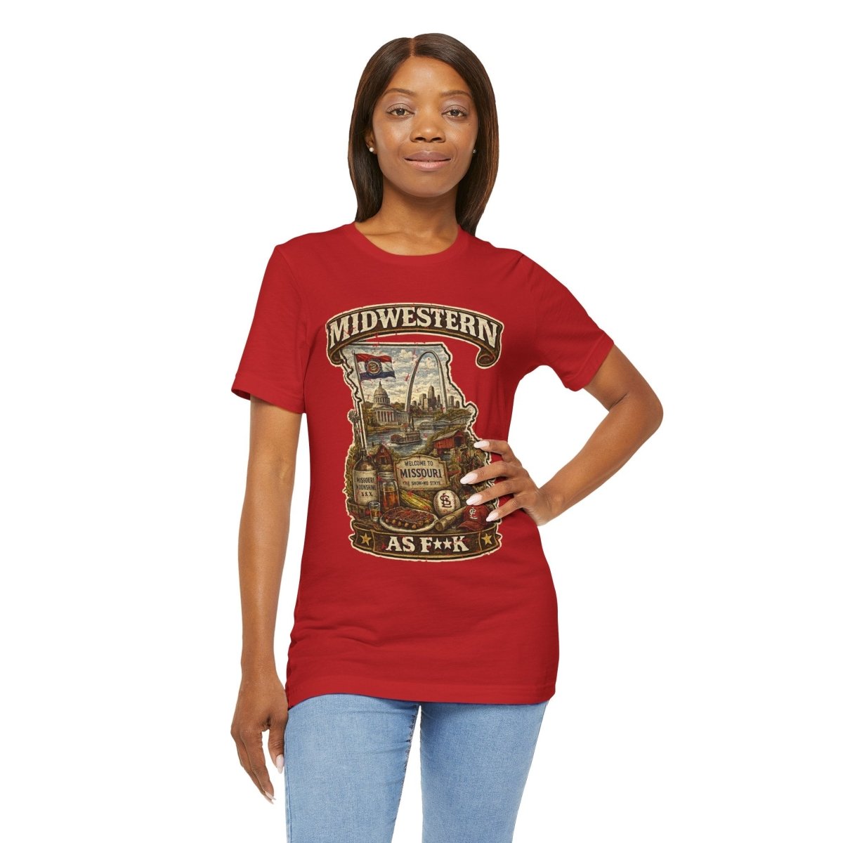 Woman in the Red Missouri Midwestern As F**K tee, hand on her hip