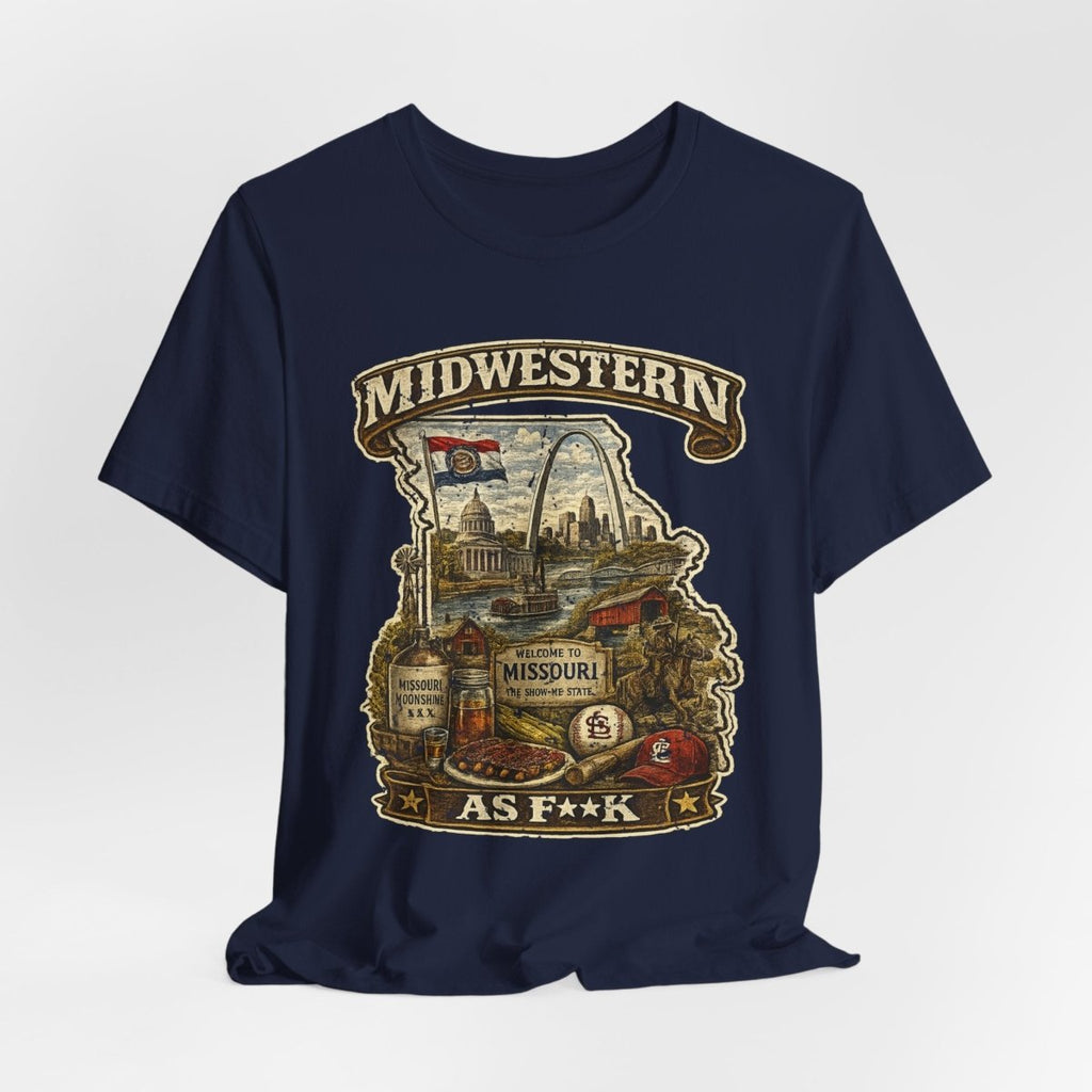 Navy Missouri Midwestern As F**K tee draped flat, Show-Me State front print showing