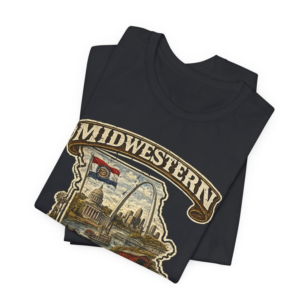 Black Missouri Midwestern As F**K tee folded in a stack, front graphic on top