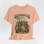 Heather Peach Missouri Midwestern As F**K tee draped and rumpled, front print showing