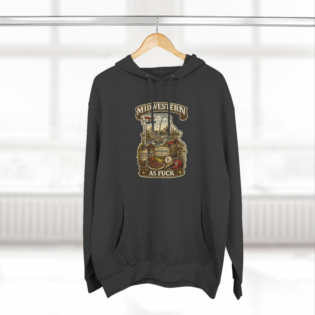 Charcoal Heather Missouri Midwestern As Fuck hoodie on a wooden hanger by a window