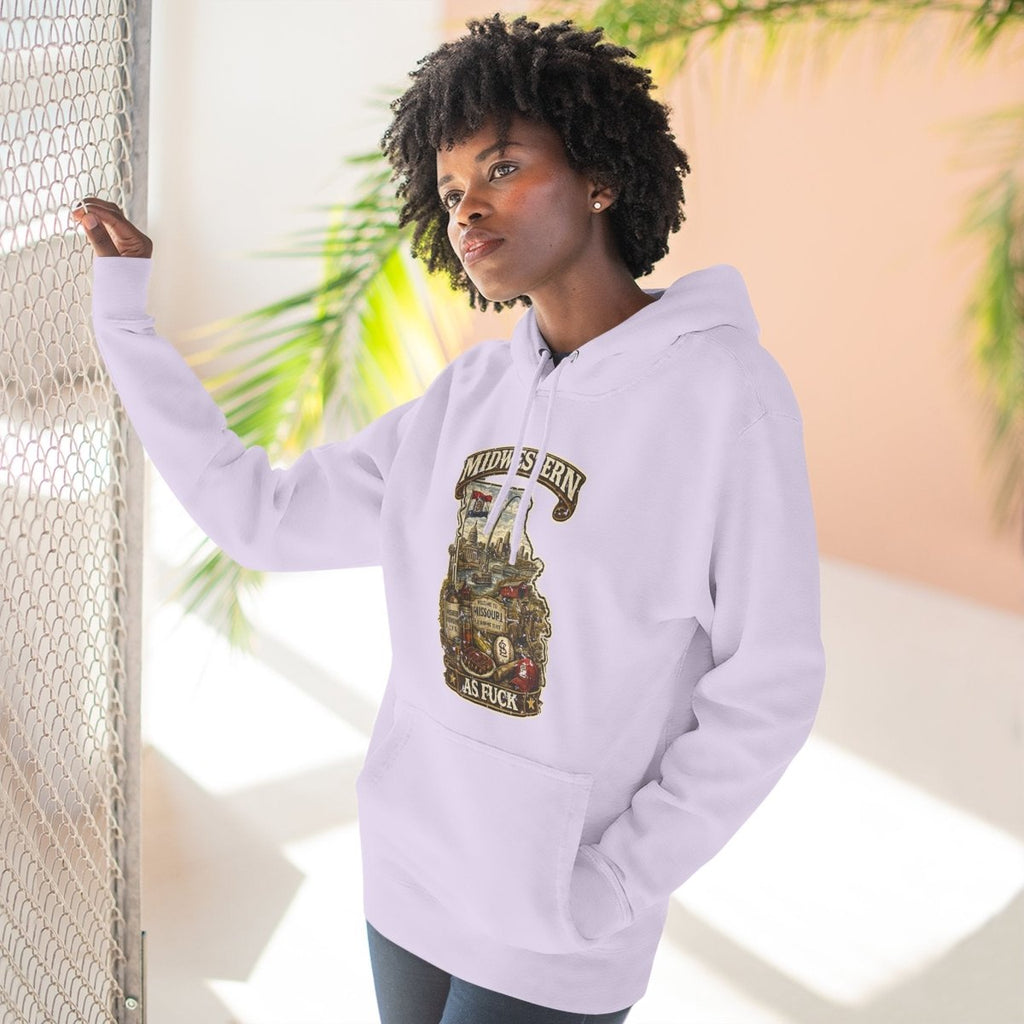 Woman at a sunlit window in the Lilac Missouri Midwestern As Fuck hoodie