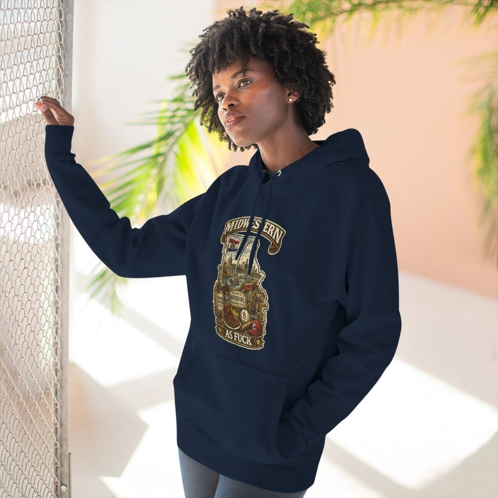Woman at a sunlit window in the Navy Missouri Midwestern As Fuck hoodie