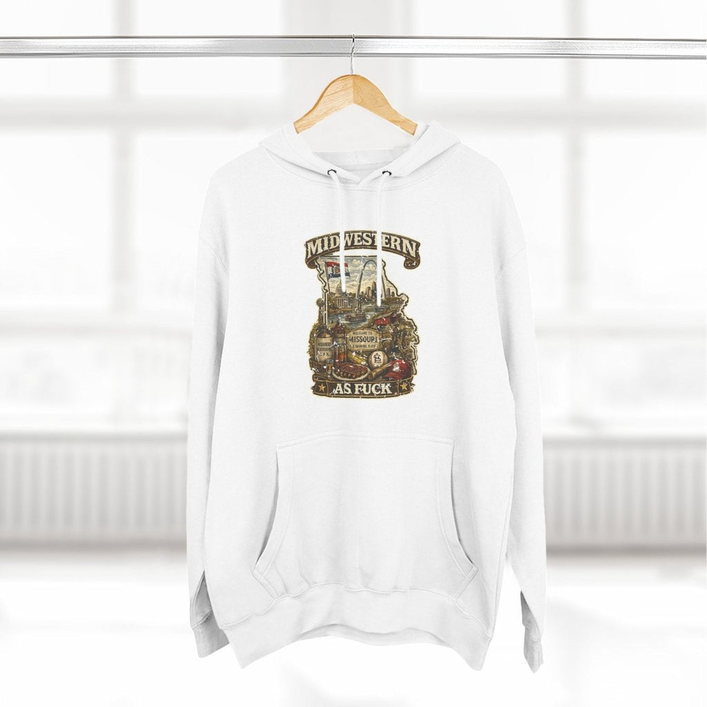 White Missouri Midwestern As Fuck hoodie on a wooden hanger by a window