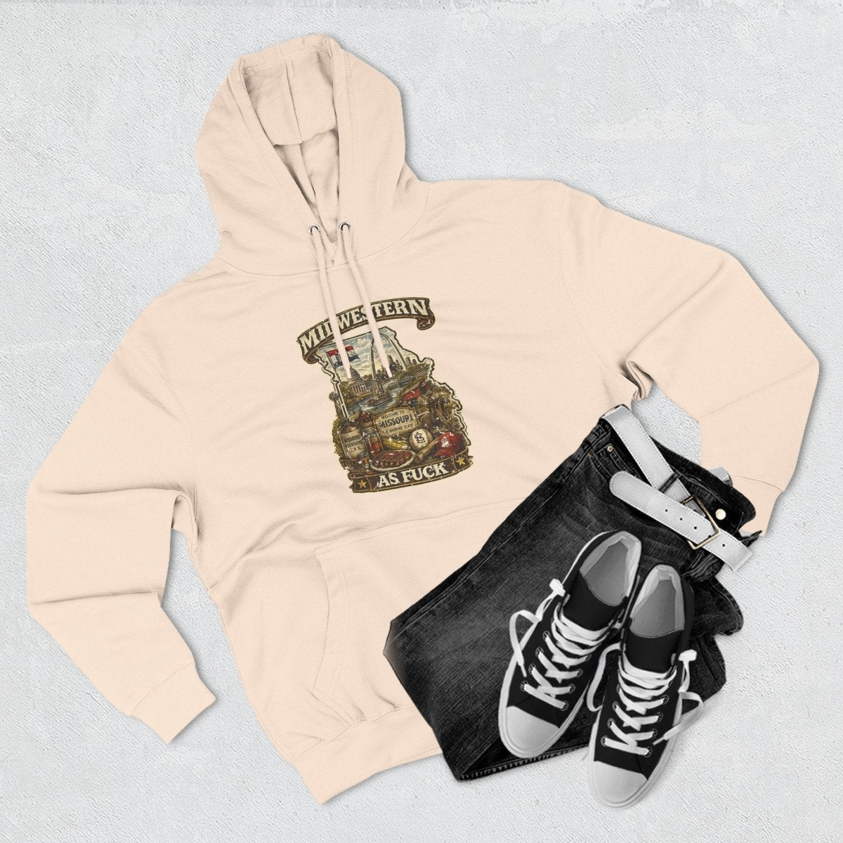 Oatmeal Heather Missouri Midwestern As Fuck hoodie styled flat with black sneakers