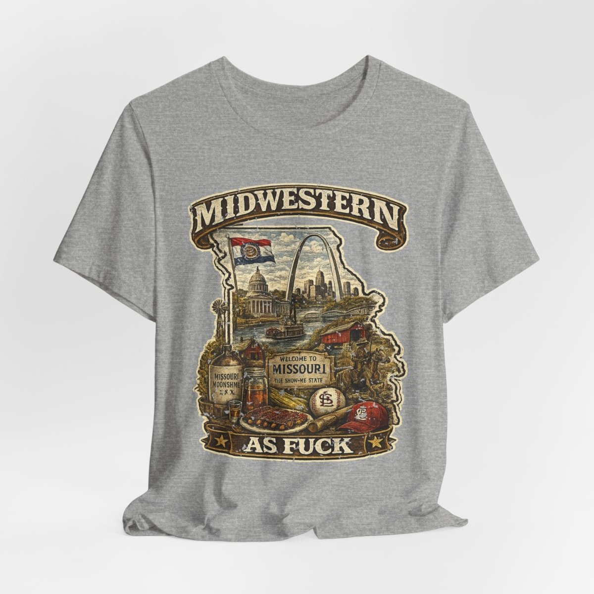 Athletic Heather Missouri Midwestern As Fuck tee draped loosely, front print showing