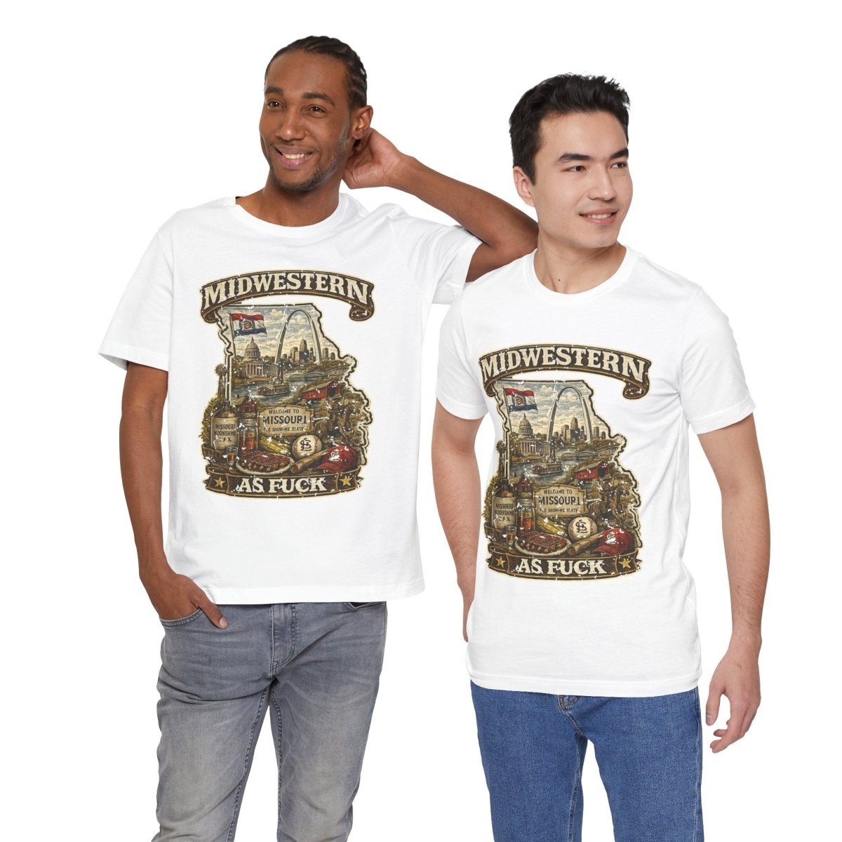 Two men side by side in White Missouri Midwestern As Fuck tees, front prints showing