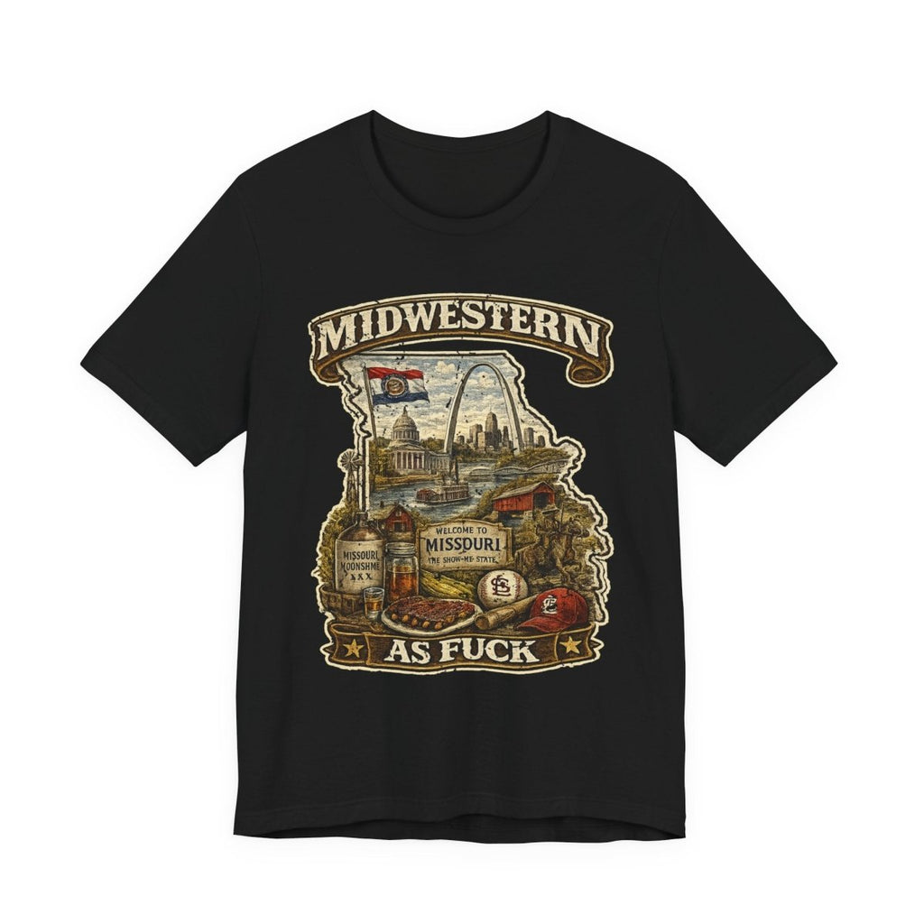 Black Missouri Midwestern As Fuck tee laid flat with the colour Missouri print