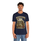 Man in the Navy Missouri Midwestern As Fuck tee, front graphic showing