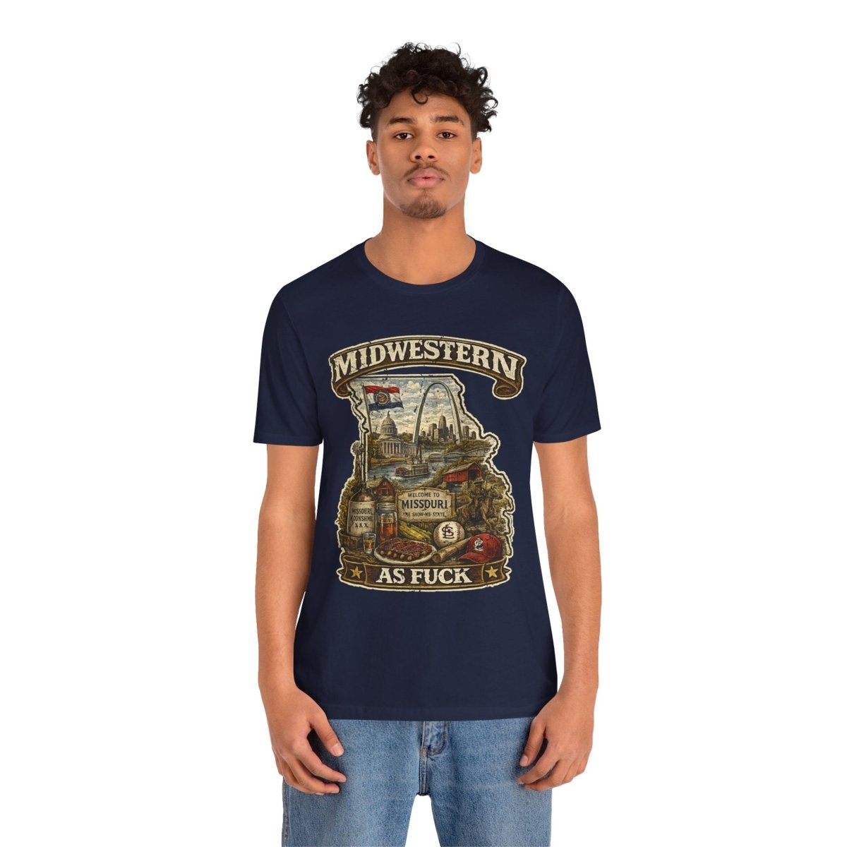 Man in the Navy Missouri Midwestern As Fuck tee, front graphic showing