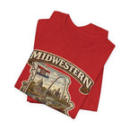 Red Missouri Midwestern As Fuck tee folded in a stack, front graphic facing up
