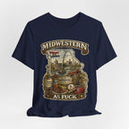 Navy Missouri Midwestern As Fuck tee draped flat, Show-Me State front print showing