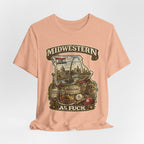 Heather Peach Missouri Midwestern As Fuck tee draped and rumpled, front print showing