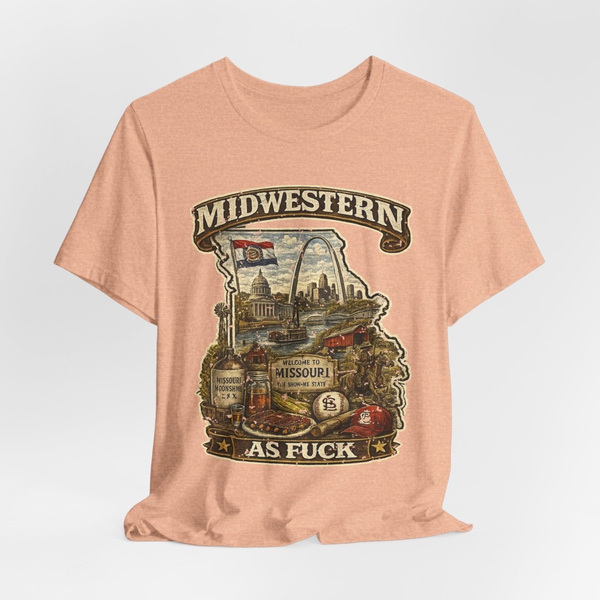 Heather Peach Missouri Midwestern As Fuck tee draped and rumpled, front print showing