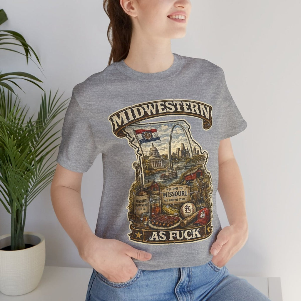 Woman beside a plant in the Athletic Heather Missouri Midwestern As Fuck tee