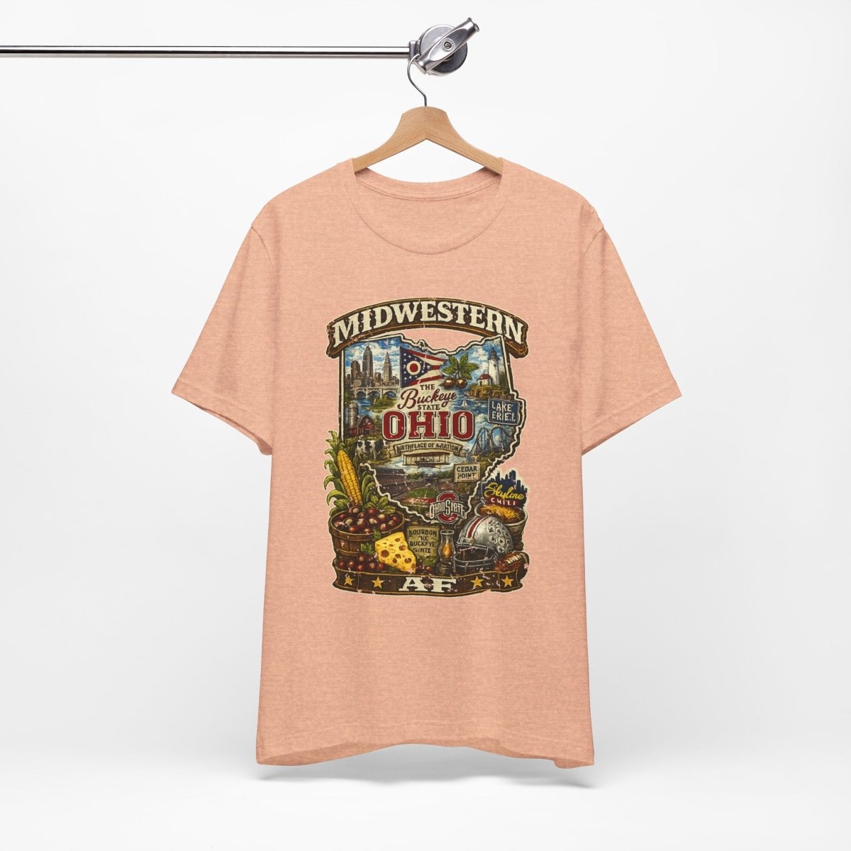 Peach Ohio Midwestern AF tee on a metal hanger against a plain wall