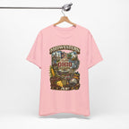 Pink Ohio Midwestern AF tee on a wooden hanger, front print of the Buckeye scene