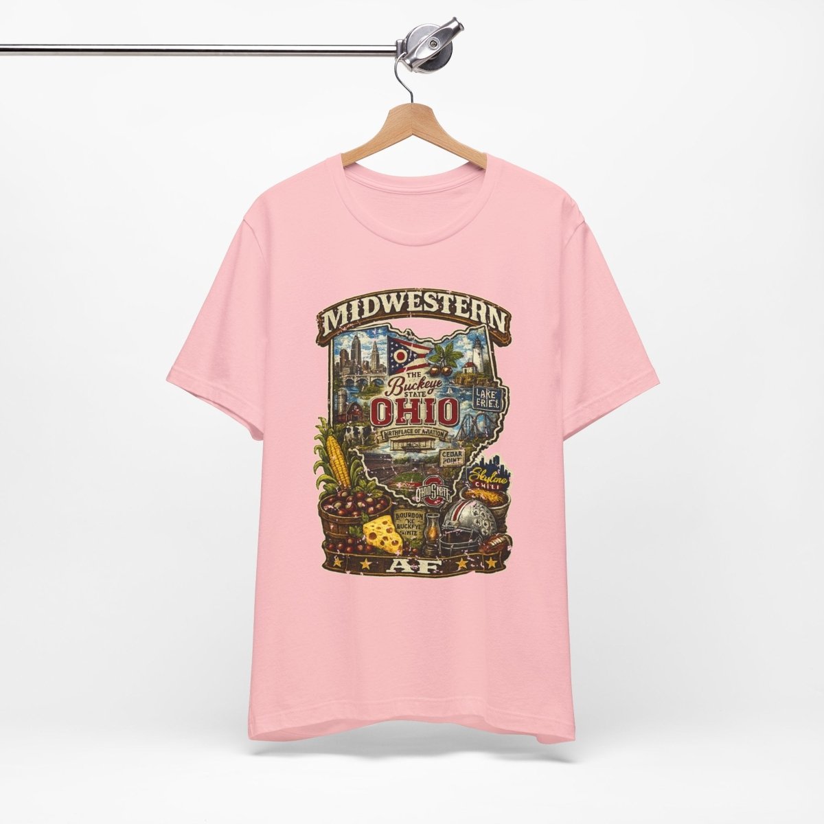 Pink Ohio Midwestern AF tee on a wooden hanger, front print of the Buckeye scene