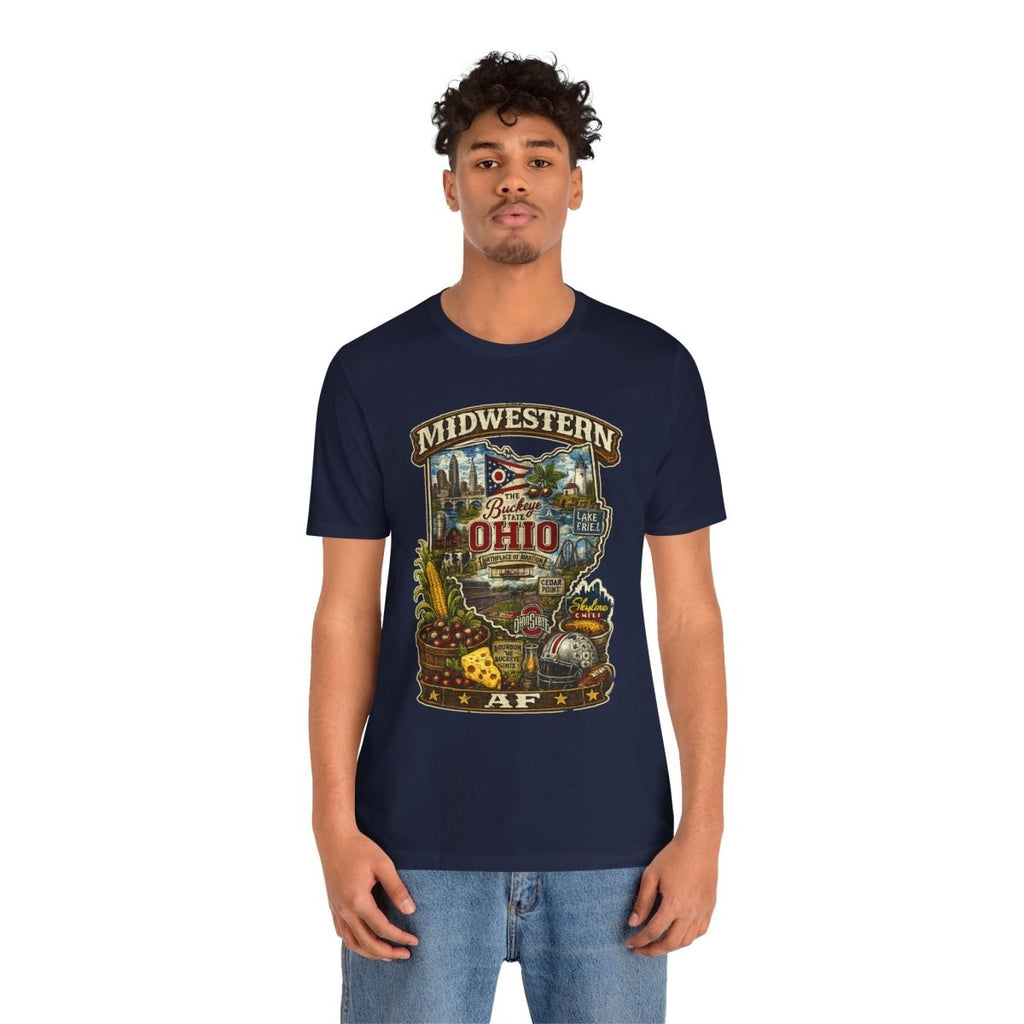 Man in the Navy Ohio Midwestern AF tee, hands in pockets, front print showing