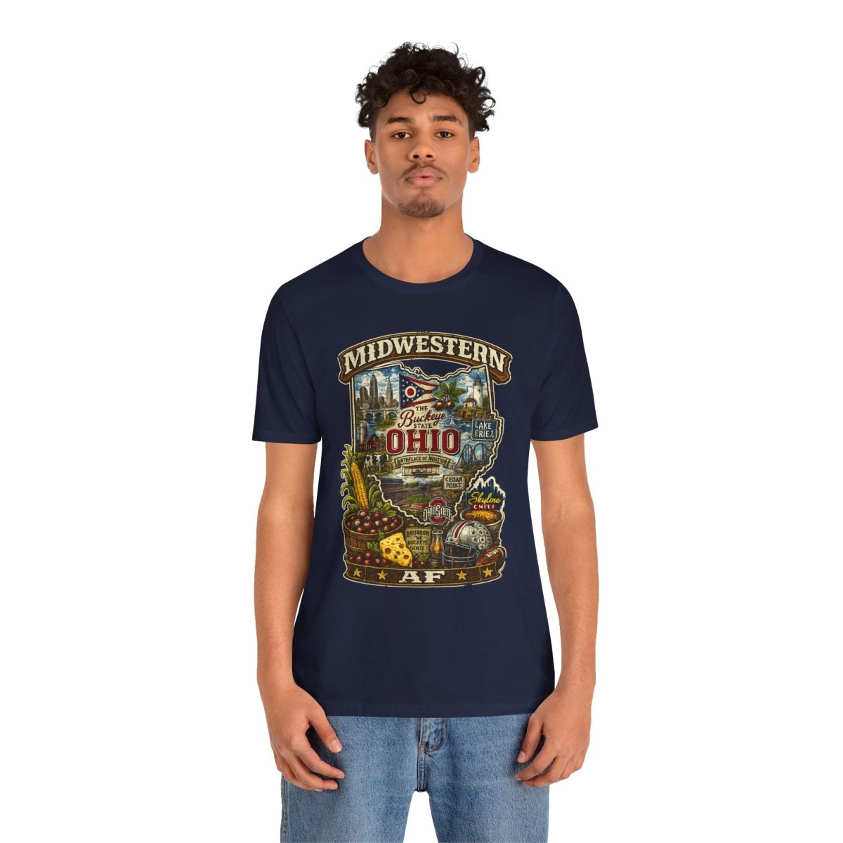 Man in the Navy Ohio Midwestern AF tee, hands in pockets, front print showing