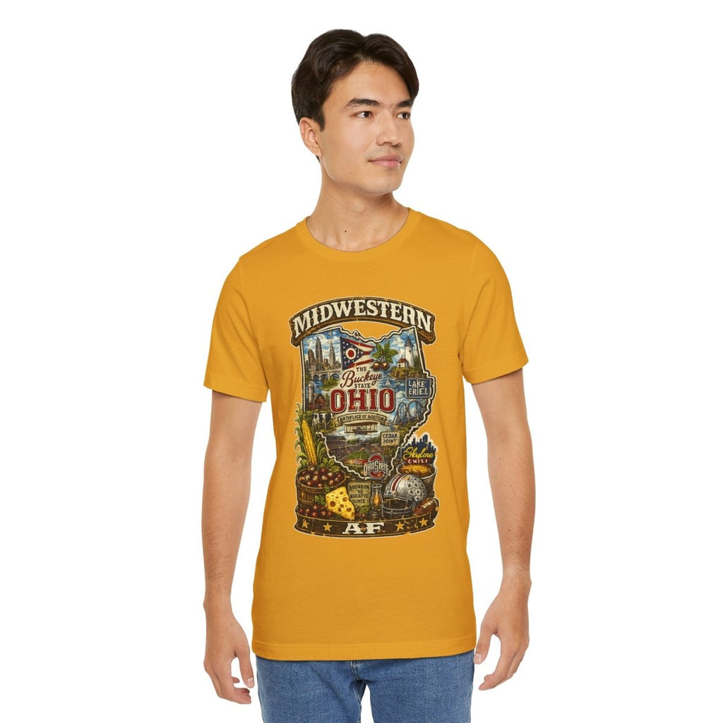 Man in the Mustard Ohio Midwestern AF tee, front print of the Ohio scene