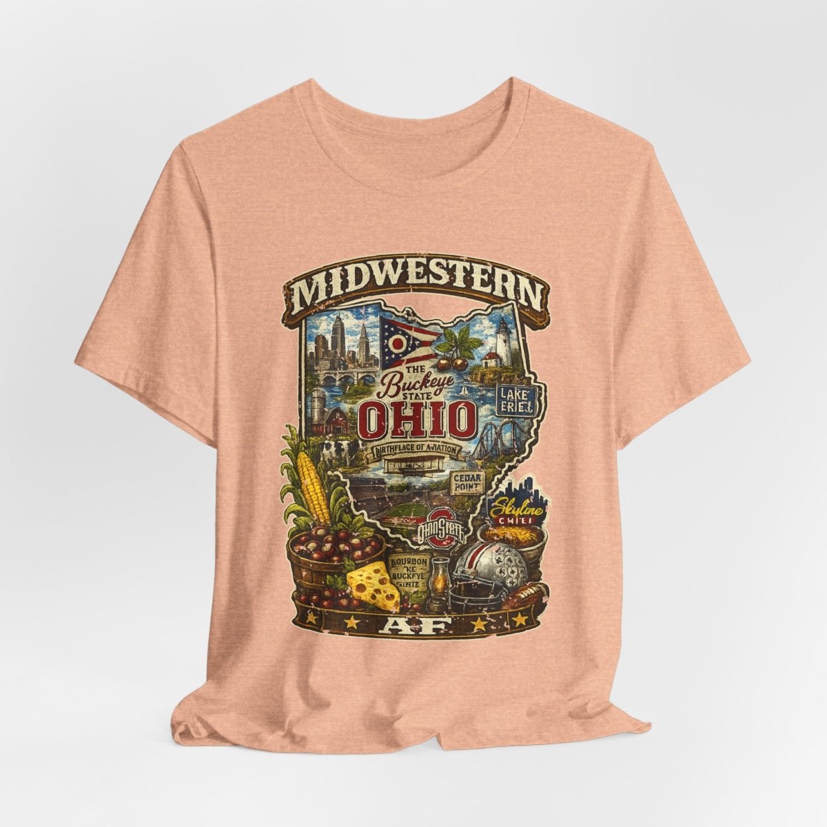 Peach Ohio Midwestern AF tee draped and folded, front print visible