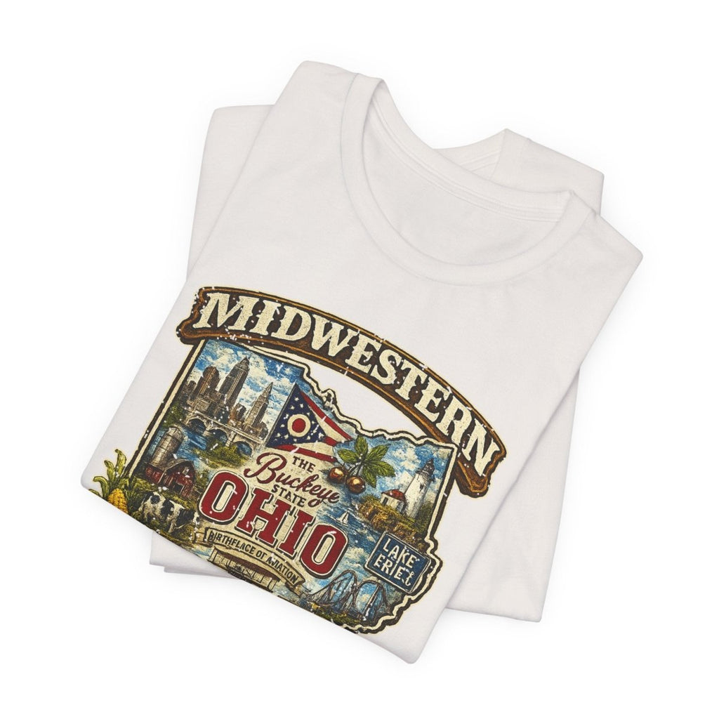 White Ohio Midwestern AF tee folded flat, front print of the Ohio farm scene