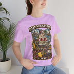 Woman in the Lilac Ohio Midwestern AF tee beside a houseplant, front print showing