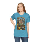 Woman in the Teal Ohio Midwestern AF tee, front print of the Buckeye State scene