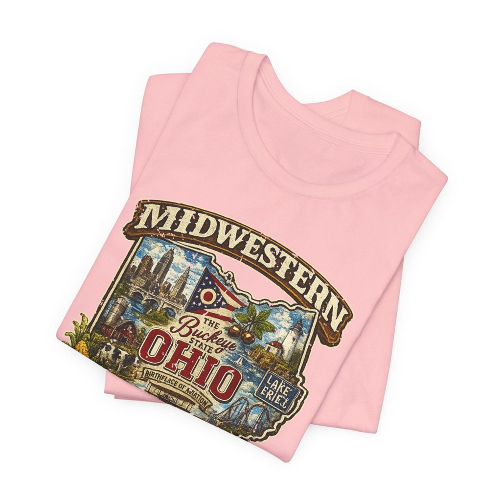 Pink Ohio Midwestern AF tee folded flat with the front graphic facing up