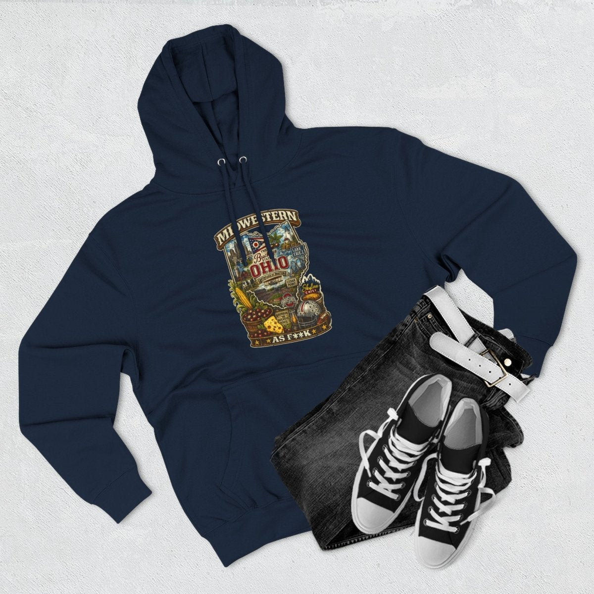 Navy Ohio Midwestern As F**K hoodie styled flat with sneakers and a white cap