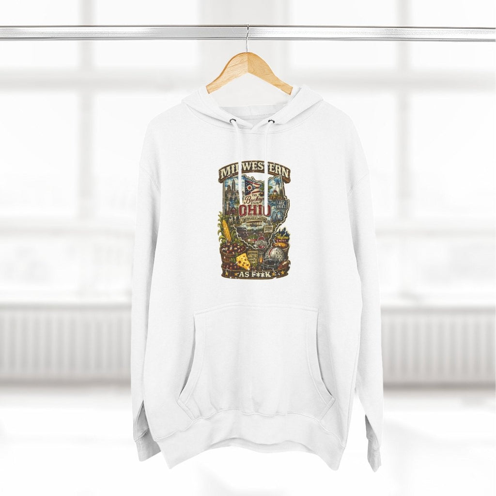 White Ohio Midwestern As F**K hoodie on a wooden hanger by a window