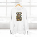 White Ohio Midwestern As F**K hoodie on a wooden hanger by a window