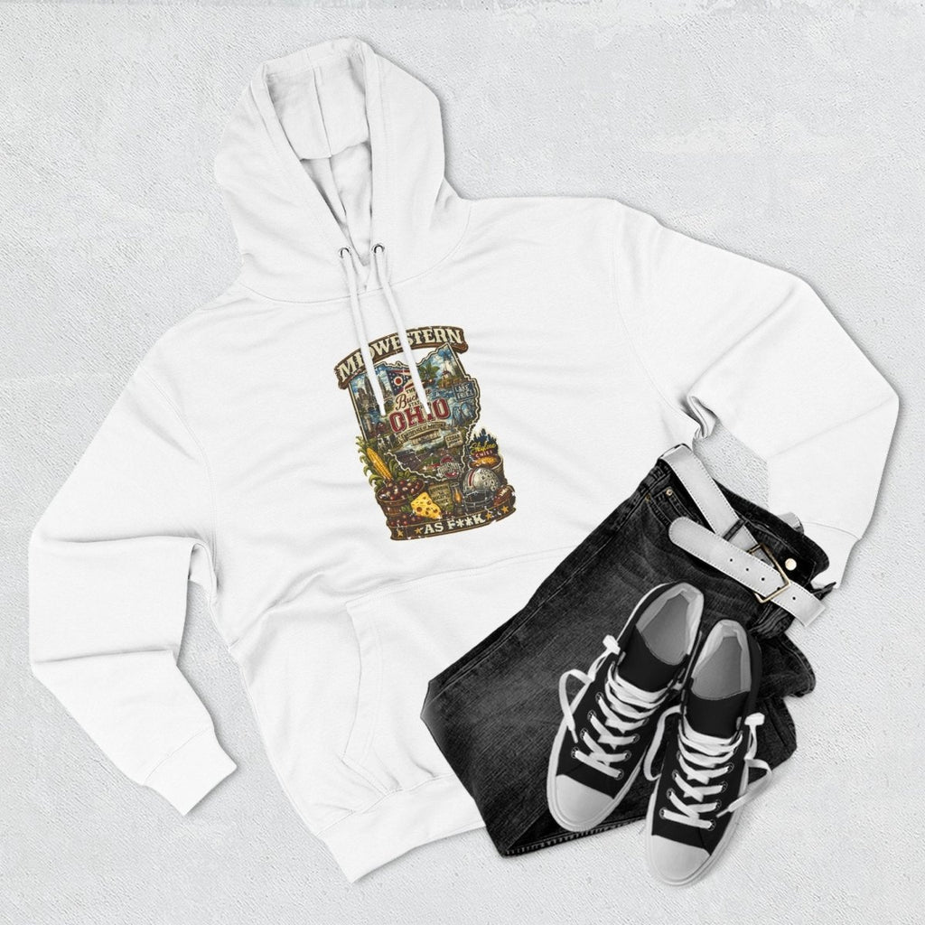 White Ohio Midwestern As F**K hoodie styled flat with black high-top sneakers
