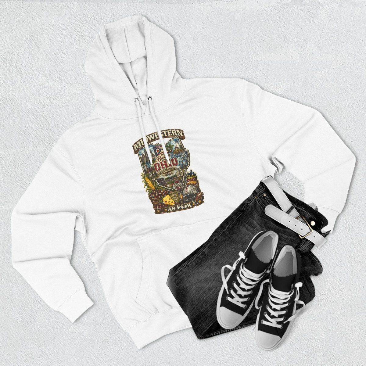 White Ohio Midwestern As F**K hoodie styled flat with black high-top sneakers