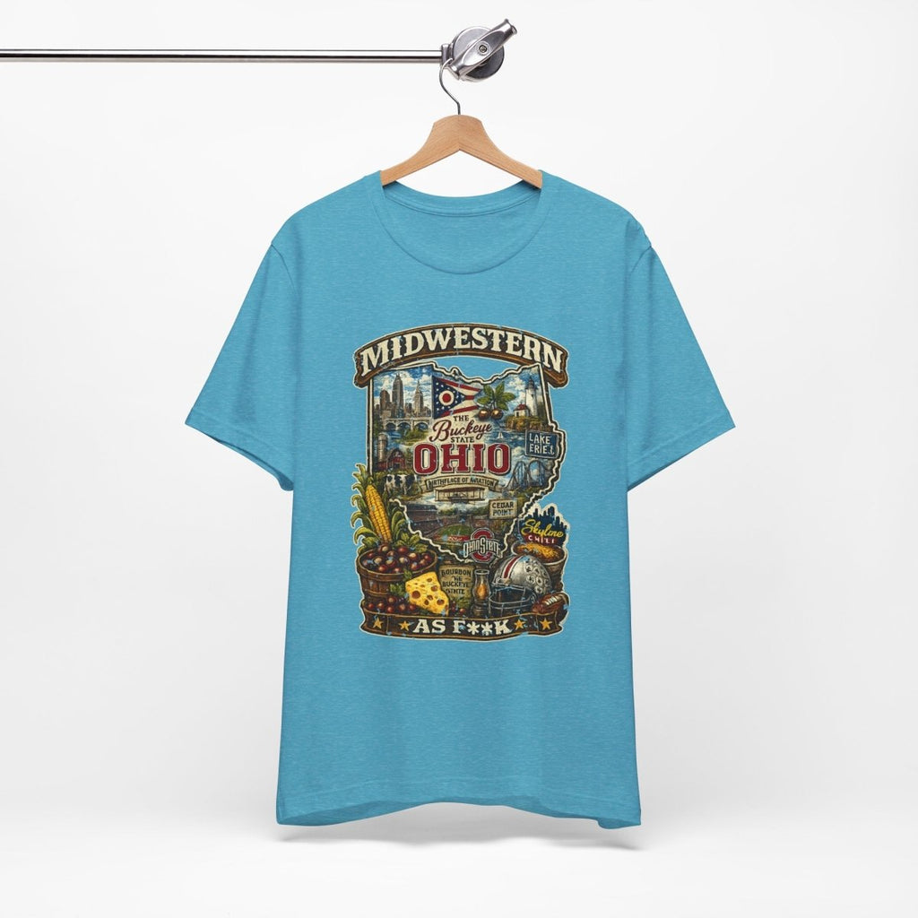 Ocean Blue Ohio Midwestern As F**K tee on a wooden hanger, front print showing