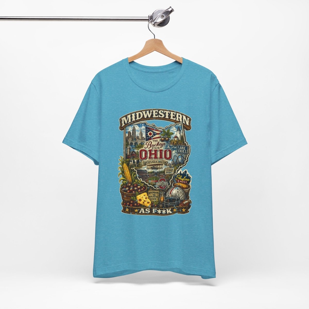 Ocean Blue Ohio Midwestern As F**K tee on a wooden hanger, front print showing